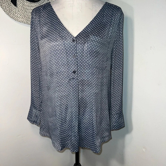 Fred David Tops - Fred David, M, long sleeve metallic slate blue silver polkadot, Henley tunic